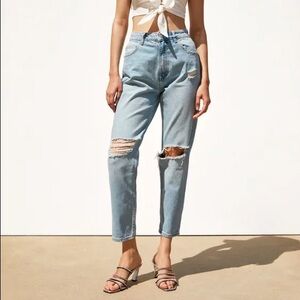Zara Light Wash Distressed Mom Fit High Waist Jeans